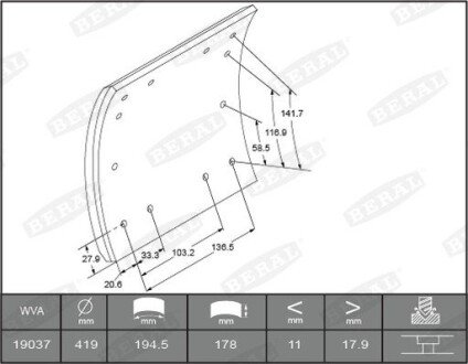 Накладки тормозные WVA19036 необходимы заклепки: 6,35x14,3 L9 96шт beral KBL19036.1-1560