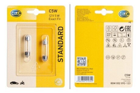 HELLA C5W 12V 5W Лампа розжарювання (блістер 2 шт) STANDARD bhs (behr hella service) 8GM002092123 на Рено Мастер