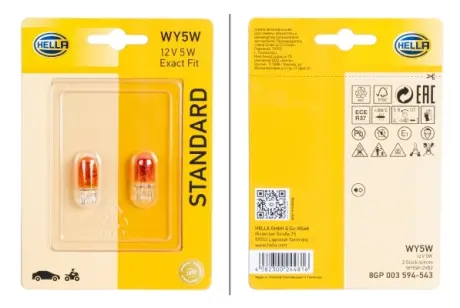 HELLA WY5W 12V 5W Лампа розжарювання вказівника повороту (жовтий) STANDARD (блістер 2 шт) BHS (Behr Hella Service) 8GP003594543