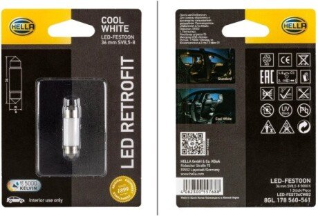 Лампа LED RETROFIT 12V, SV8.5-8 1W 36MM 5000K 35lm bhs (behr hella service) 8GL178560561 на Рено Мастер