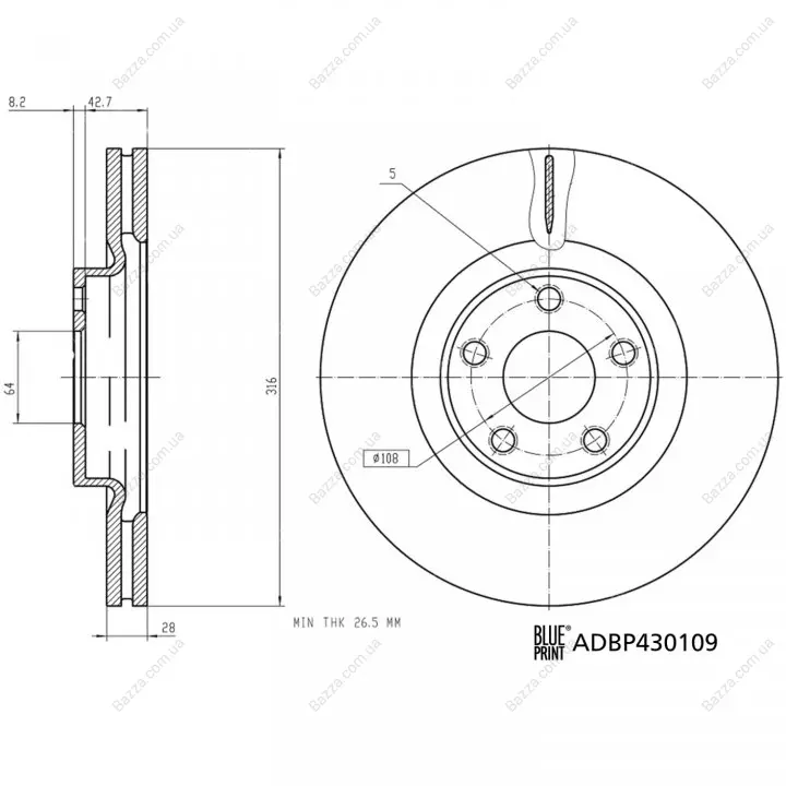 BLUE PRINT FORD Диск передній GALAXY III (CK) 2.0 EcoBlue Blue Print ADBP430109 (фото 1)