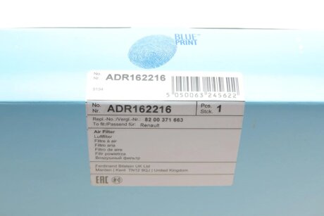 Фильтр воздушный RENAULT 1,5/1,9dCi/2,0i: Megane, Scenic 02- blue Print ADR162216