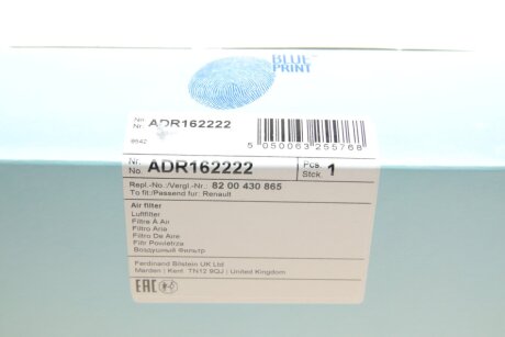 RENAULT Фильтр воздушный LAGUNA II 1.9,2.0,2.2,3.0,00- blue Print ADR162222