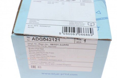 Передние тормозные колодки blue Print ADG042121