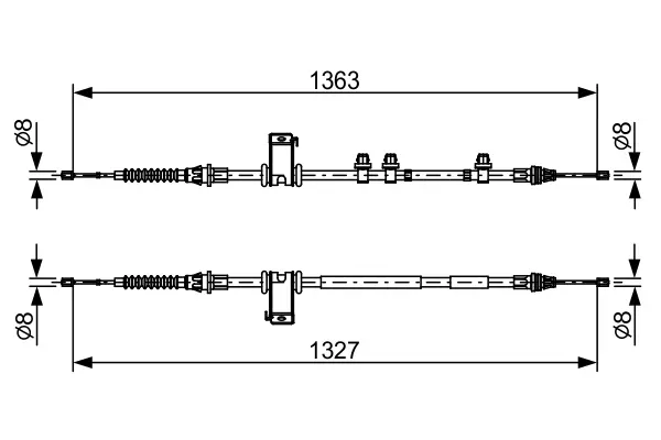 BOSCH FORD Трос ручного тормоза задн. 1360/1195+1360/1195 мм B-MAX 12-, FIESTA VI Bosch 1987482453 (фото 1)