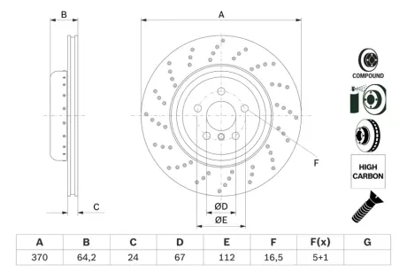 Гальмівний диск BMW 5/7/X5/X6 \'\'RL M-Perfomance d370mm \'\'16>> bosch 0986479G12 Бмв 7 серии
