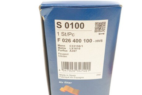 Повітряний фільтр 0100 CITROEN/PEUGEOT C5/406/607/807/Expert \'\'99-07 bosch F026400100