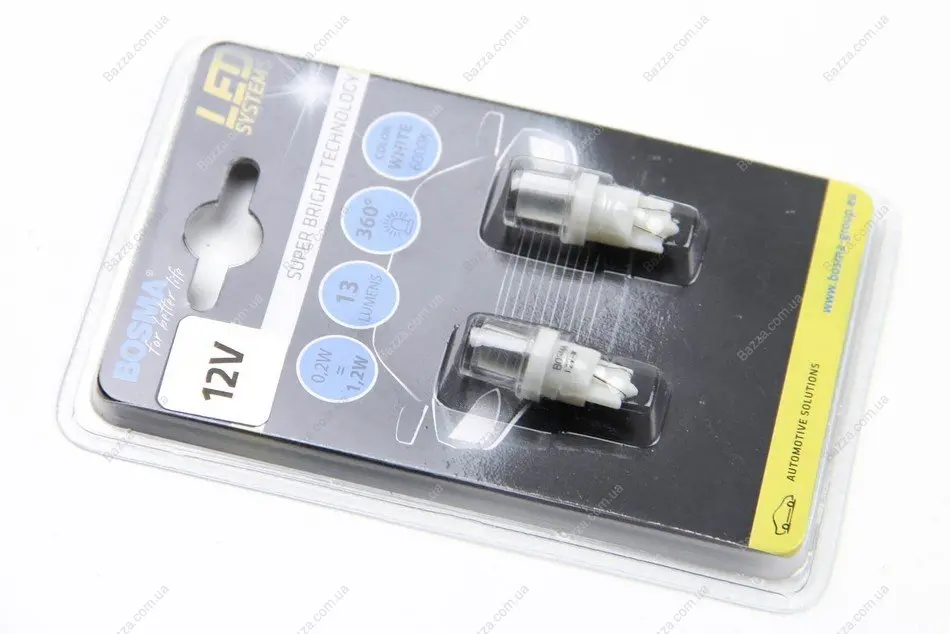 Автолампа T10 LED 12V 1xSMD 5050 LED WIDE VIEWIND WHITE LIGHT PIPE (2 шт) BOSMA 4038 (фото 1)