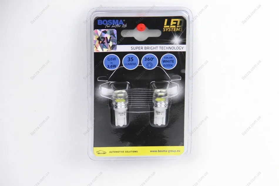 Автолампа T10 LED 12V 1xSMD 7080 LED WIDE VIEWING WHITE (2 шт) BOSMA 4014 (фото 1)