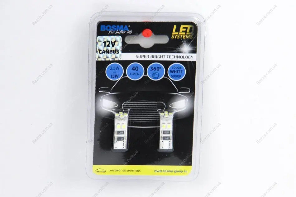 Автолампа T10 LED 12V 8XSMD 3528 LED WHITE DOUBLE POLARITY CANBUS (2 шт) BOSMA 4229 (фото 1)