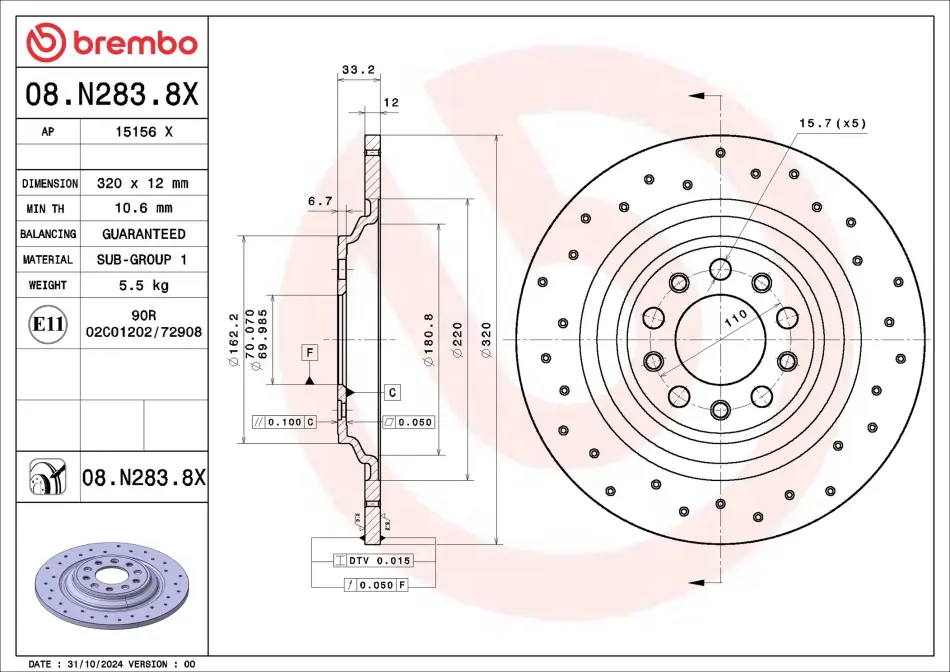 Перфорований гальмівний диск Brembo 08N2838X (фото 1)