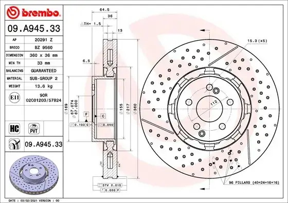 Гальмівний диск brembo 09A94533