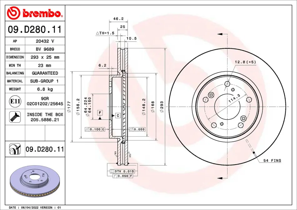 Вентильований гальмівний диск Brembo 09D28011 (фото 1)