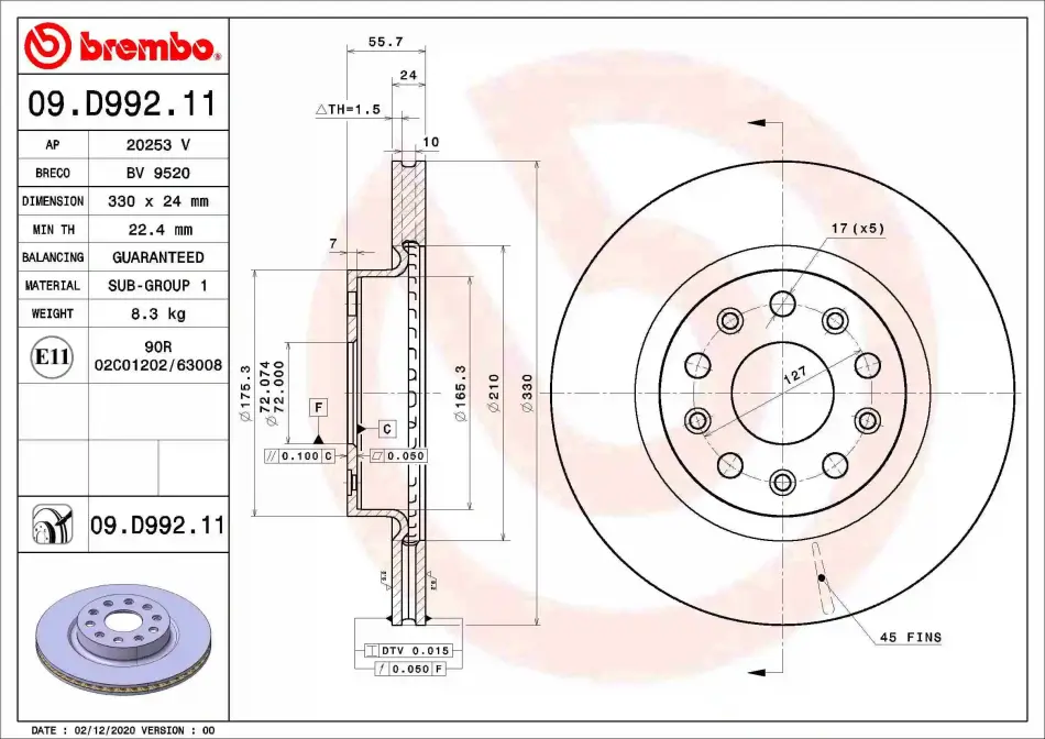 Вентилируемый тормозной диск brembo 09D99211