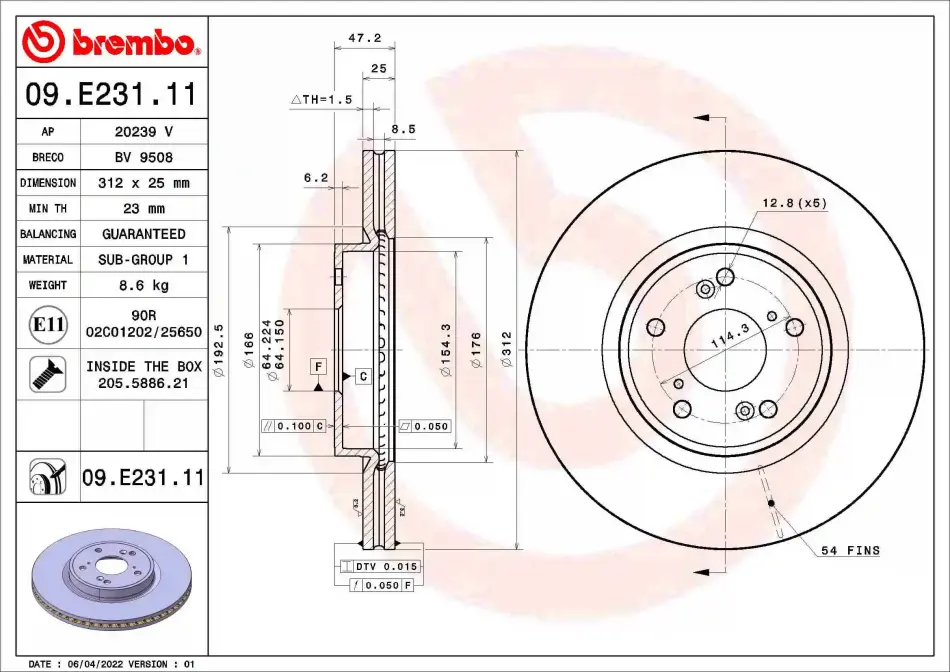 Вентильований гальмівний диск Brembo 09E23111 (фото 1)