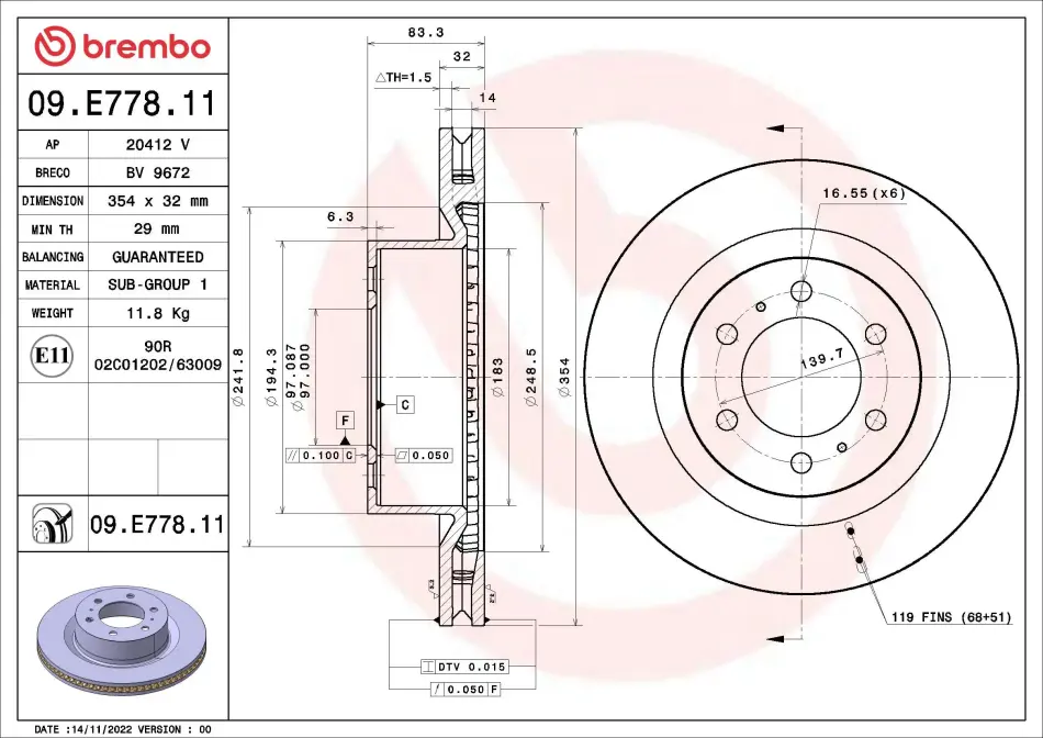 Вентильований гальмівний диск Brembo 09E77811 (фото 1)
