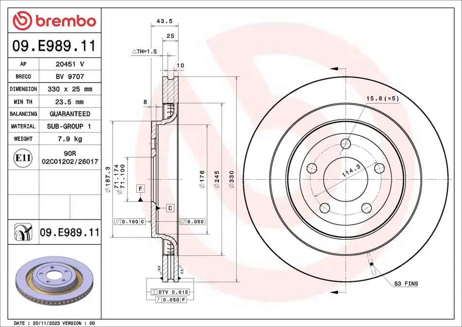 Вентильований гальмівний диск Brembo 09E98911 (фото 1)