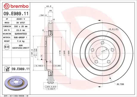 Вентильований гальмівний диск brembo 09E98911