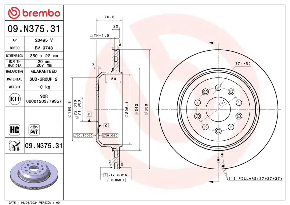 Вентилируемый тормозной диск brembo 09N37531