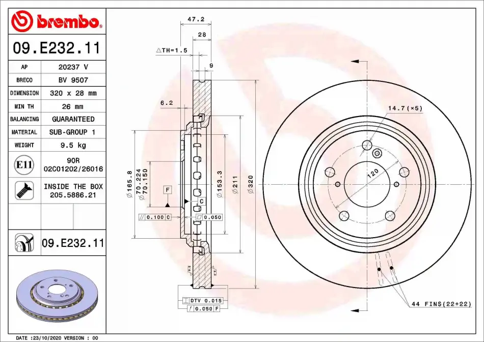 Вентильований гальмівний диск Brembo 09E23211 (фото 1)