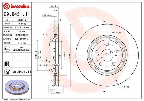 Вентильований гальмівний диск brembo 09N43111 на Тойота Венза