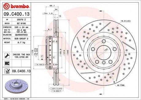 Вентилируемый тормозной диск brembo 09.C400.13
