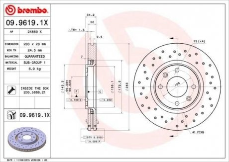 Вентилируемый тормозной диск brembo 09.9619.1X
