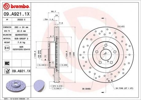 Вентильований гальмівний диск brembo 09.A921.1X