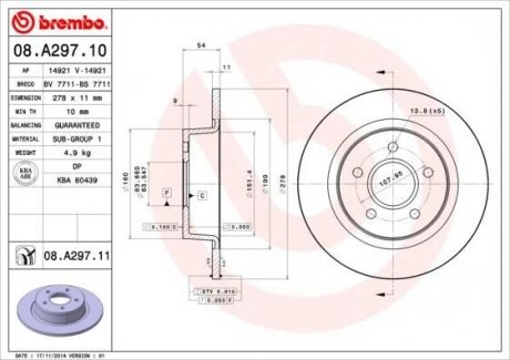 Задний тормозной диск brembo 08.A297.11
