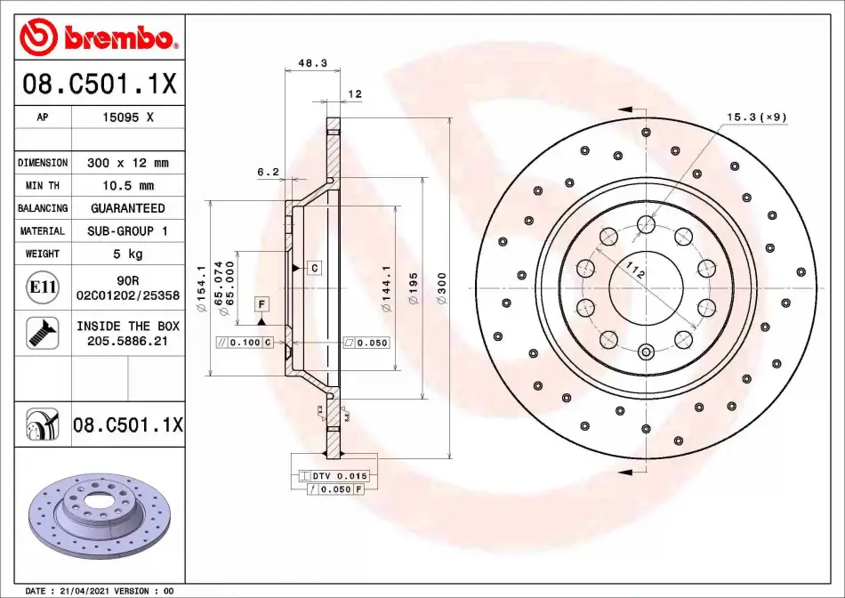 Перфорований гальмівний диск Brembo 08.C501.1X (фото 1)