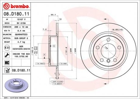 Гальмівний диск brembo 08.D180.11 на MINI MINI