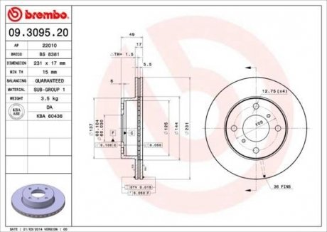 Вентилируемый тормозной диск brembo 09.3095.20