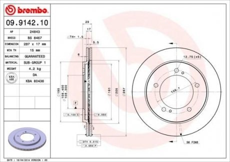 Вентилируемый тормозной диск brembo 09.9142.10