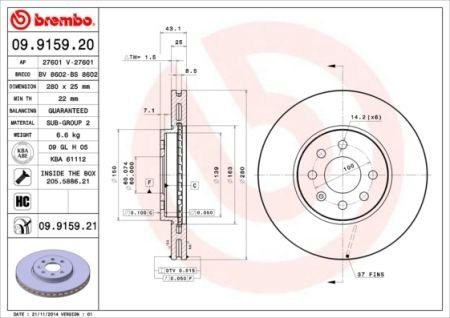 Вентилируемый тормозной диск brembo 09.9159.21
