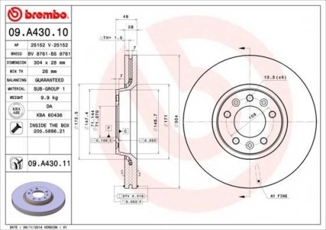 Вентилируемый тормозной диск brembo 09.A430.10