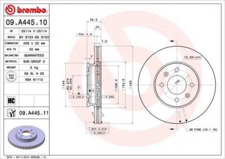 Вентилируемый тормозной диск brembo 09.A445.11