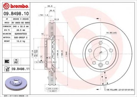 Вентильований гальмівний диск brembo 09.B498.10