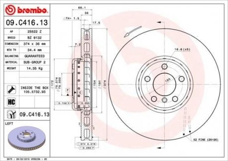 Вентилируемый тормозной диск brembo 09.C416.13