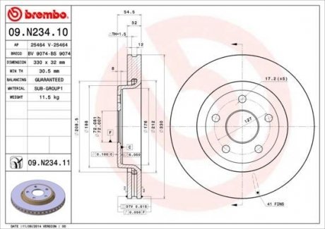 Вентилируемый тормозной диск brembo 09.N234.11