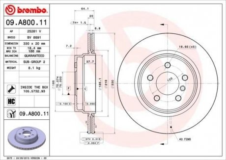 Вентилируемый тормозной диск brembo 09.A800.11