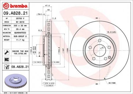 Вентильований гальмівний диск brembo 09.A828.21