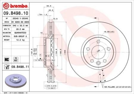 Вентилируемый тормозной диск brembo 09.B498.11