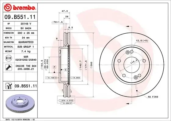 Вентилируемый тормозной диск brembo 09.B551.11