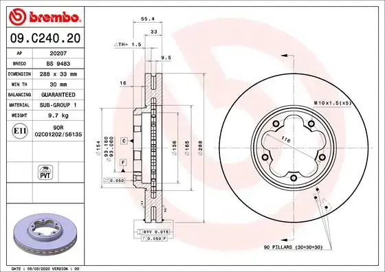 Вентильований гальмівний диск Brembo 09.C240.20 (фото 1)
