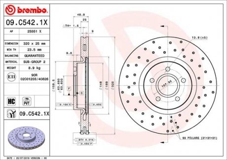 Вентильований гальмівний диск brembo 09.C542.1X на Форд Фокус 2