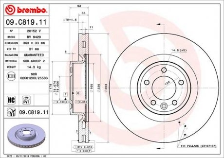 Вентильований гальмівний диск brembo 09.C819.11 на Рендж (ленд) ровер Спорт