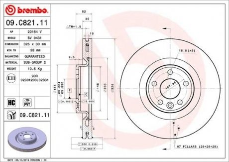 Вентилируемый тормозной диск brembo 09.C821.11