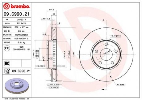 Вентильований гальмівний диск brembo 09.C990.21