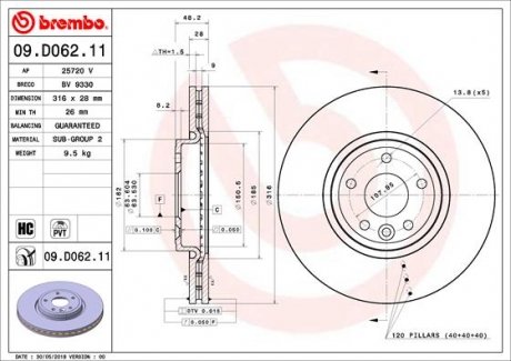 Вентильований гальмівний диск brembo 09.D062.11