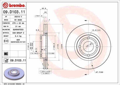 Вентильований гальмівний диск brembo 09.D103.11